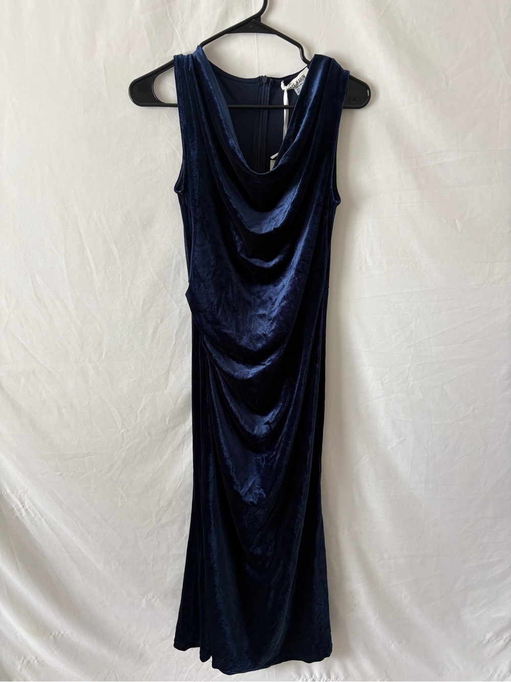 NWT Elegant Navy Velvet Drape-Front Evening Dress